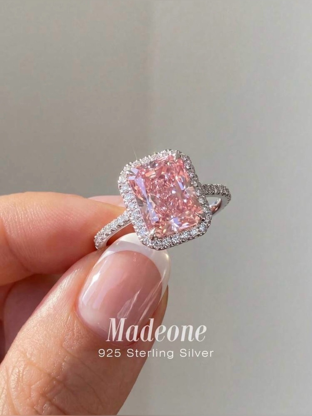 Pink Cushion Halo Ring in Sterling Silver